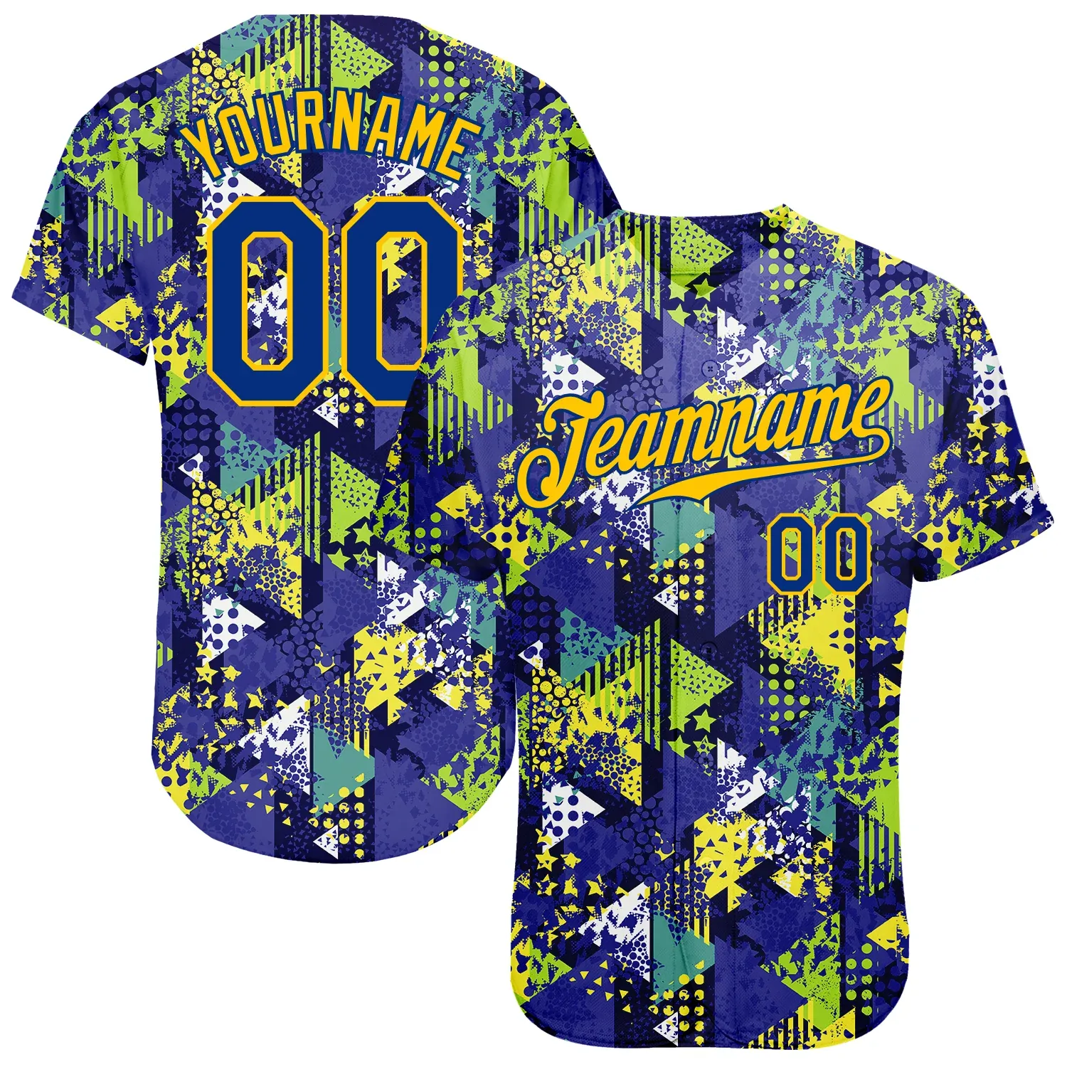 033c5eb3b6097cdce85f2f2a8ff09ed2d7e3ba202471c87de16114dd075f2a05.webp Custom Graffiti Pattern Royal-Gold 3D Creative Geometric Figures Triangle And Dots Authentic Baseball Jersey - Image 1