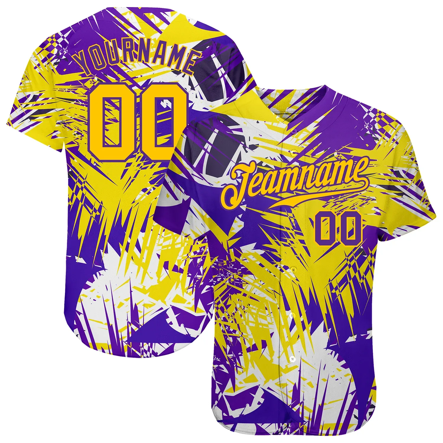 053309a87129d059d6e93b7a8e315cea999be44cca60cca93775dc28d596237c.webp Custom Graffiti Pattern Gold-Purple 3D Authentic Baseball Jersey - Image 1