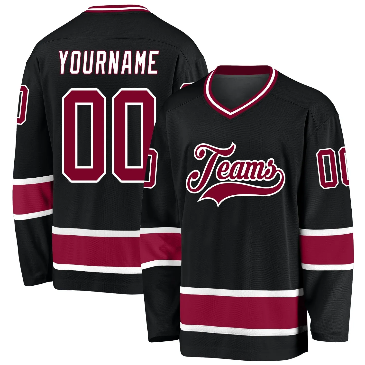0b9d962768559322fcebe8cee0bff1cc567bdbb2bd758cf9d3b9f2bafeb8fbe6.webp Custom Black Maroon-White Hockey Jersey - Image 1