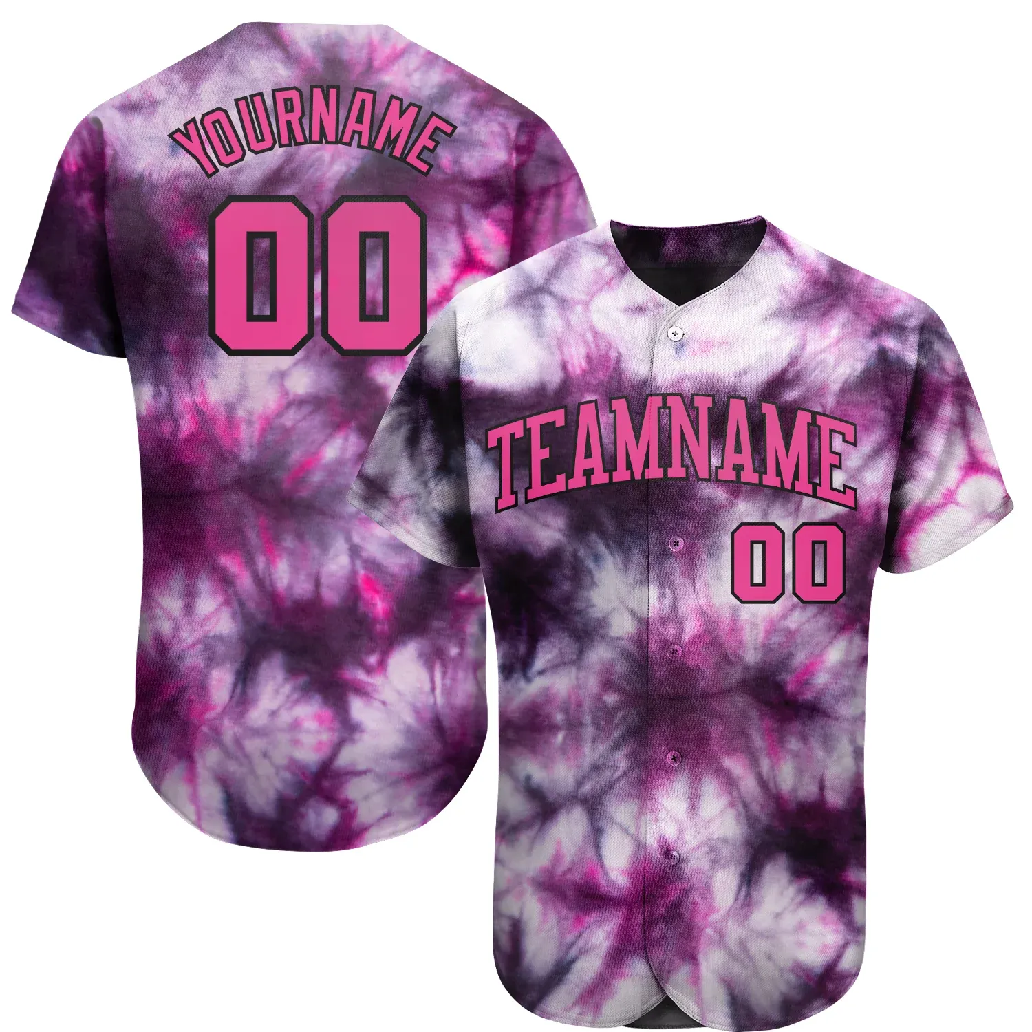 2496f7fecd157c136b501629a37f8a48caf5df437790bac873016c9255487ffe.webp Custom Tie Dye Pink-Black 3D Authentic Baseball Jersey - Image 1