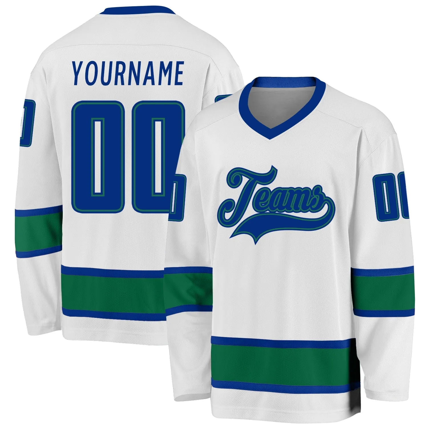 2a1400ace88cdaf0632f298ca2a24d8bd36ec1039ca045f57db1576110539aea.webp Custom White Royal-Kelly Green So Cool Hockey Jersey - Image 1