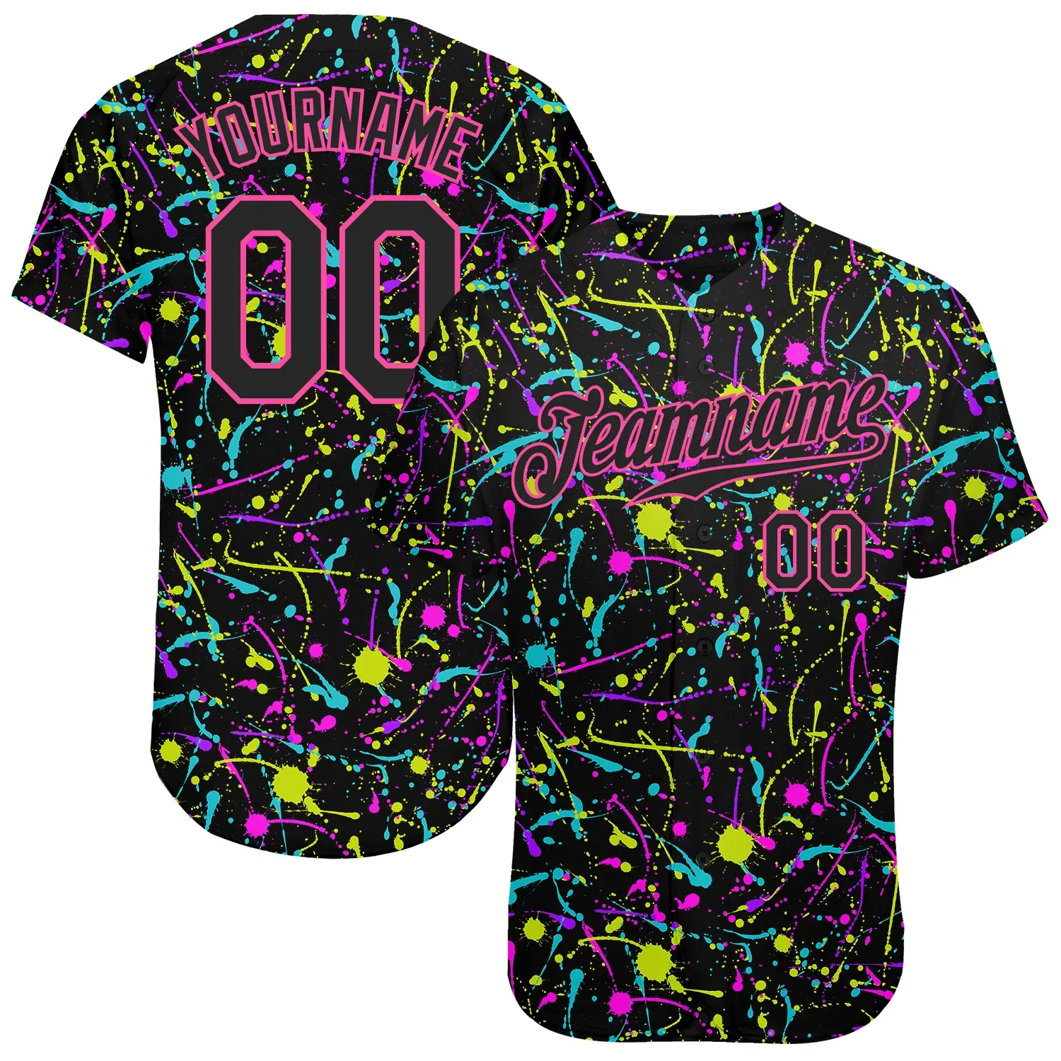 2c418c5a7f27b4b490cfbcc3af543bffeab63d5e3ba0b53449fb4c3d919cfc56.webp Custom Graffiti Pattern Black-Pink 3D Neon Splatter Authentic Baseball Jersey - Image 1