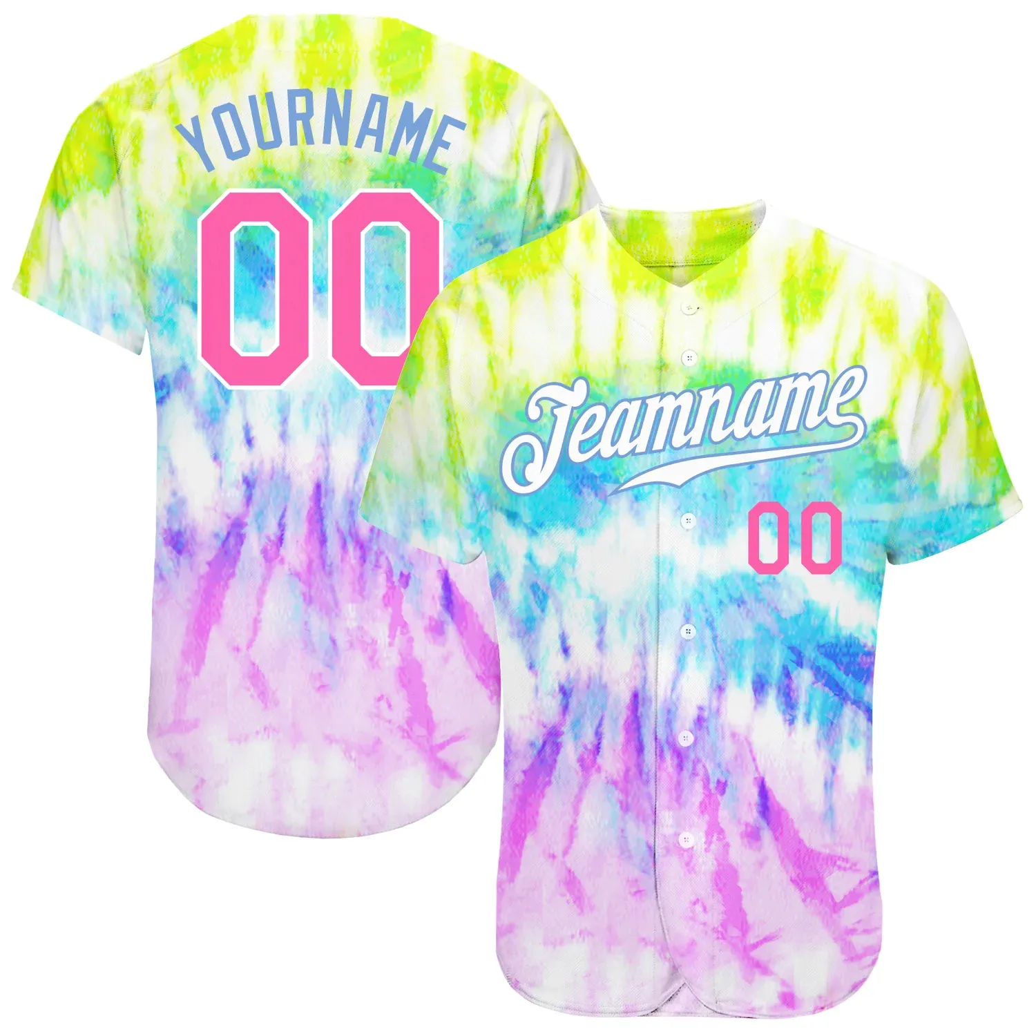 2e554b14c4fb6af003dad381e02bb133fd4136a75c5020fd2758dfa52a28f757.webp Custom Tie Dye Pink-Light Blue 3D Rainbow Authentic Baseball Jersey - Image 1