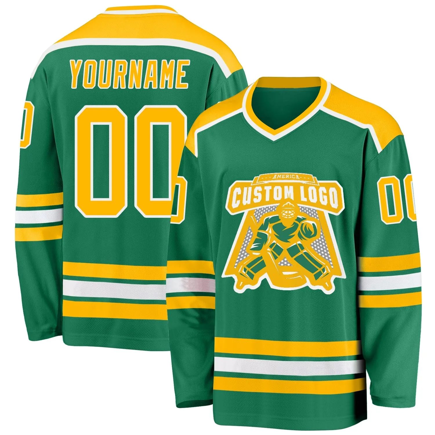 2f2f6591df9e521ad0727e32a7c8bd67438855f961c9338ab3137804ec248271.webp Custom Kelly Green Gold-White Hockey Jersey - Image 1