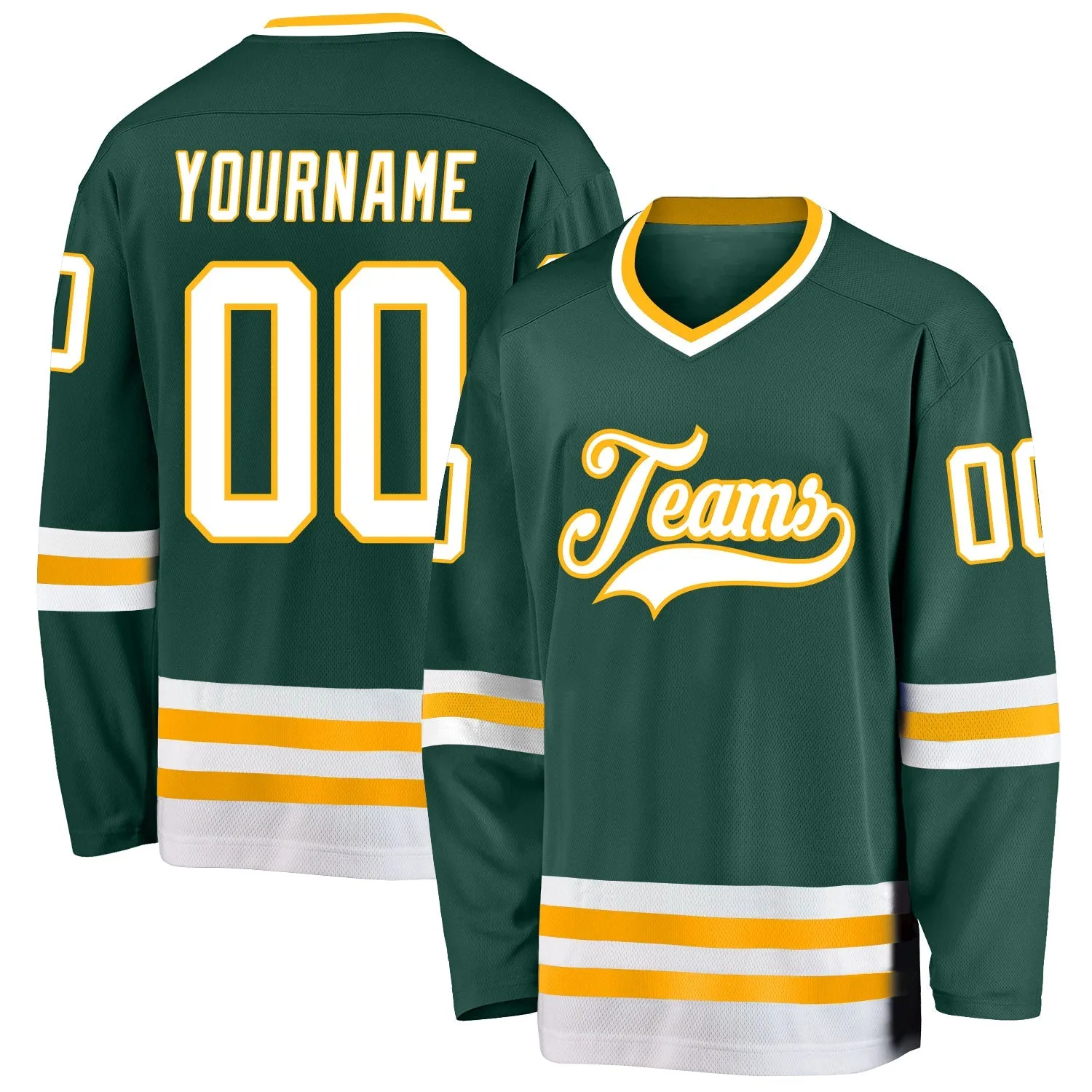 3033231a5809d1acbe7a051c28d4441909f588375126e85eb89c5aaa40ee109b.webp Custom Green White-Gold Hockey Jersey - Image 1