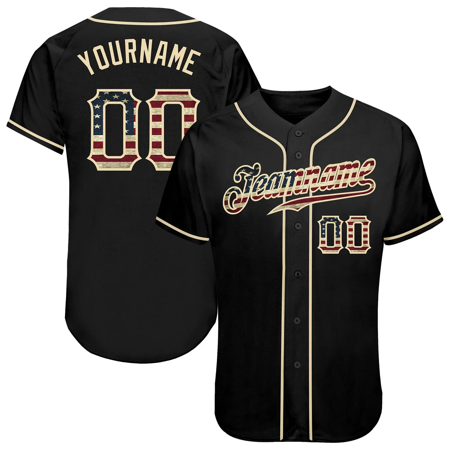 31dbb320509bb58bb6033caddd2b32315b310f0738d3fe8f67ee9be5218e3069.webp Custom Black Vintage Usa Flag-Cream Authentic Baseball Jersey - Image 1