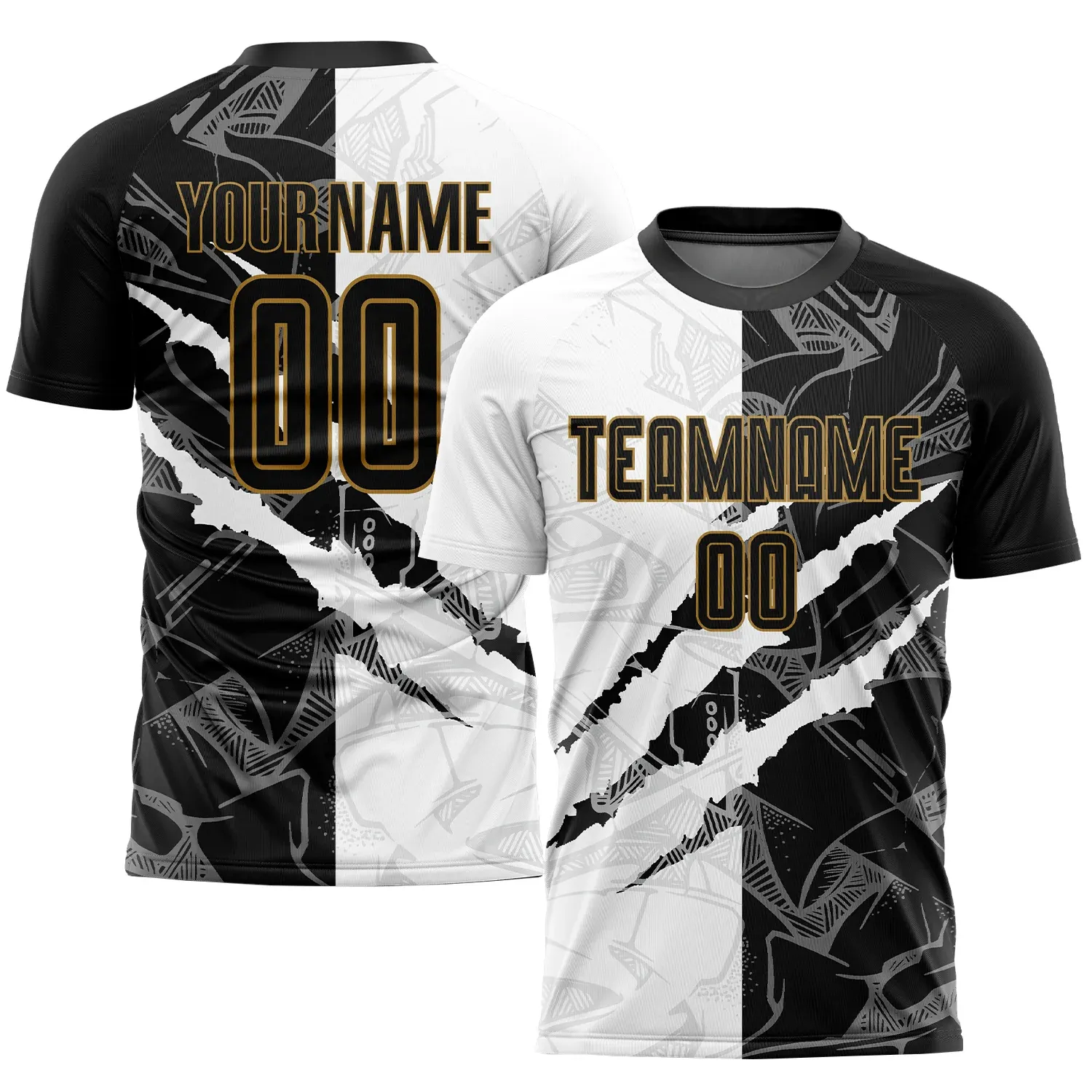 3b8051e4f565a6920413d1973fbd3c9eb46c04c1750799fe1d3b065c846d2abb.webp Custom Graffiti Pattern Black-Old Gold Sublimation Soccer Uniform Jersey - Image 1