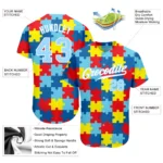 Custom Autism Awareness Puzzle Pieces Light Blue-White 3D Authentic Baseball Jersey - Image 2