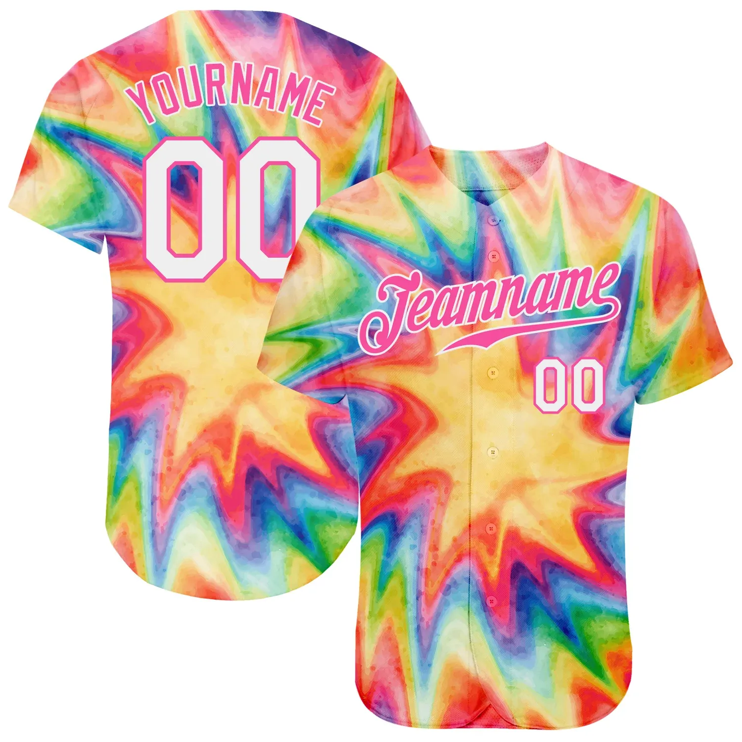 496b56754d7ec5dec4f36ce0f9dda3db27b15bb05130d5e33fcd1267b2ffb8bb.webp Custom Tie Dye White-Pink 3D Watercolor Rainbow Authentic Baseball Jersey - Image 1