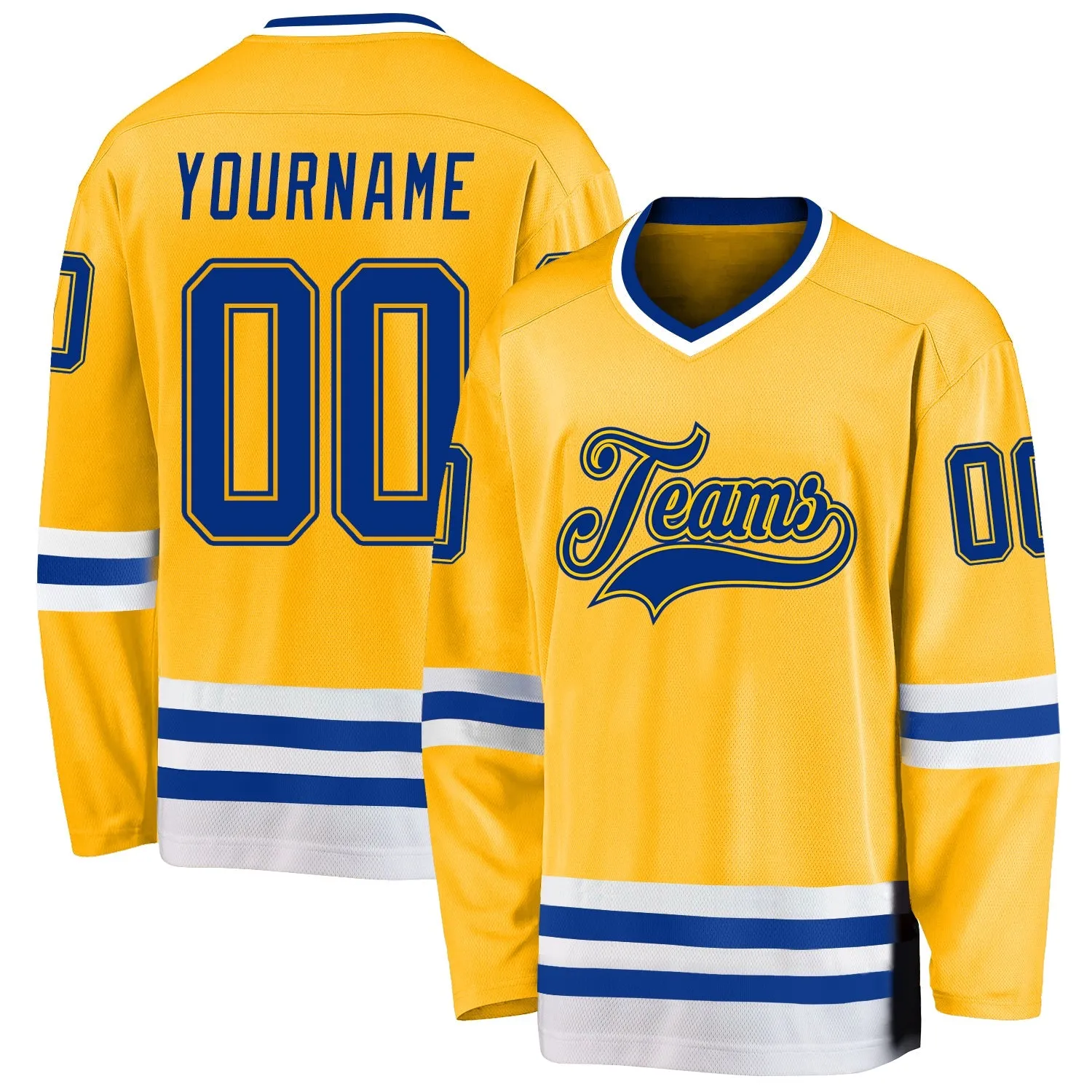 4fb1e5b831d7becf482fdbd3eea2e51354519fc594b2000c62976f32621316d4.webp Custom Gold Royal-White So Cool Hockey Jersey - Image 1