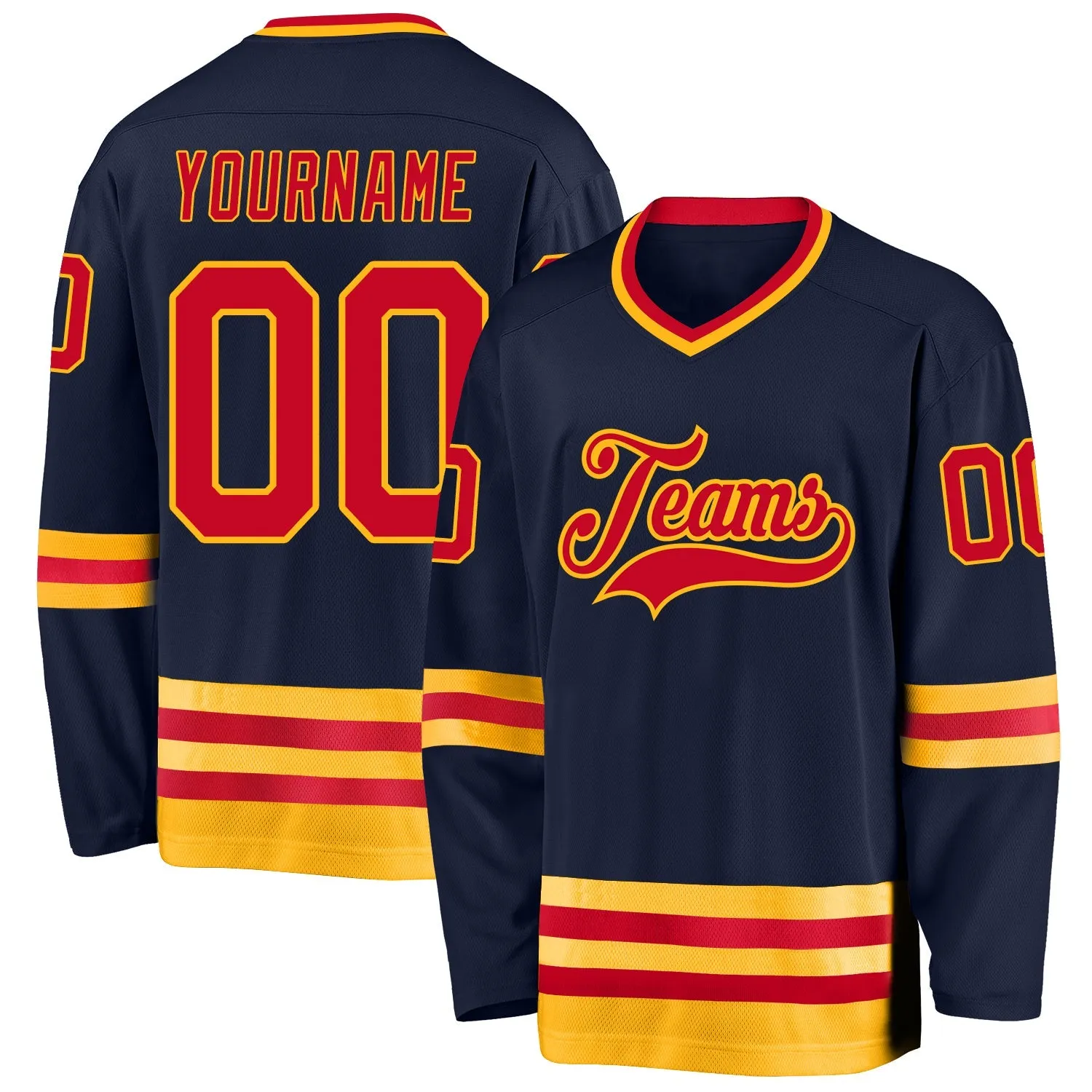 7b07690c2adb6bd8191279caf9f73b3e4de143e5922721c87fc5109bbe388ca1.webp Custom Navy Red-Gold So Cool Hockey Jersey - Image 1