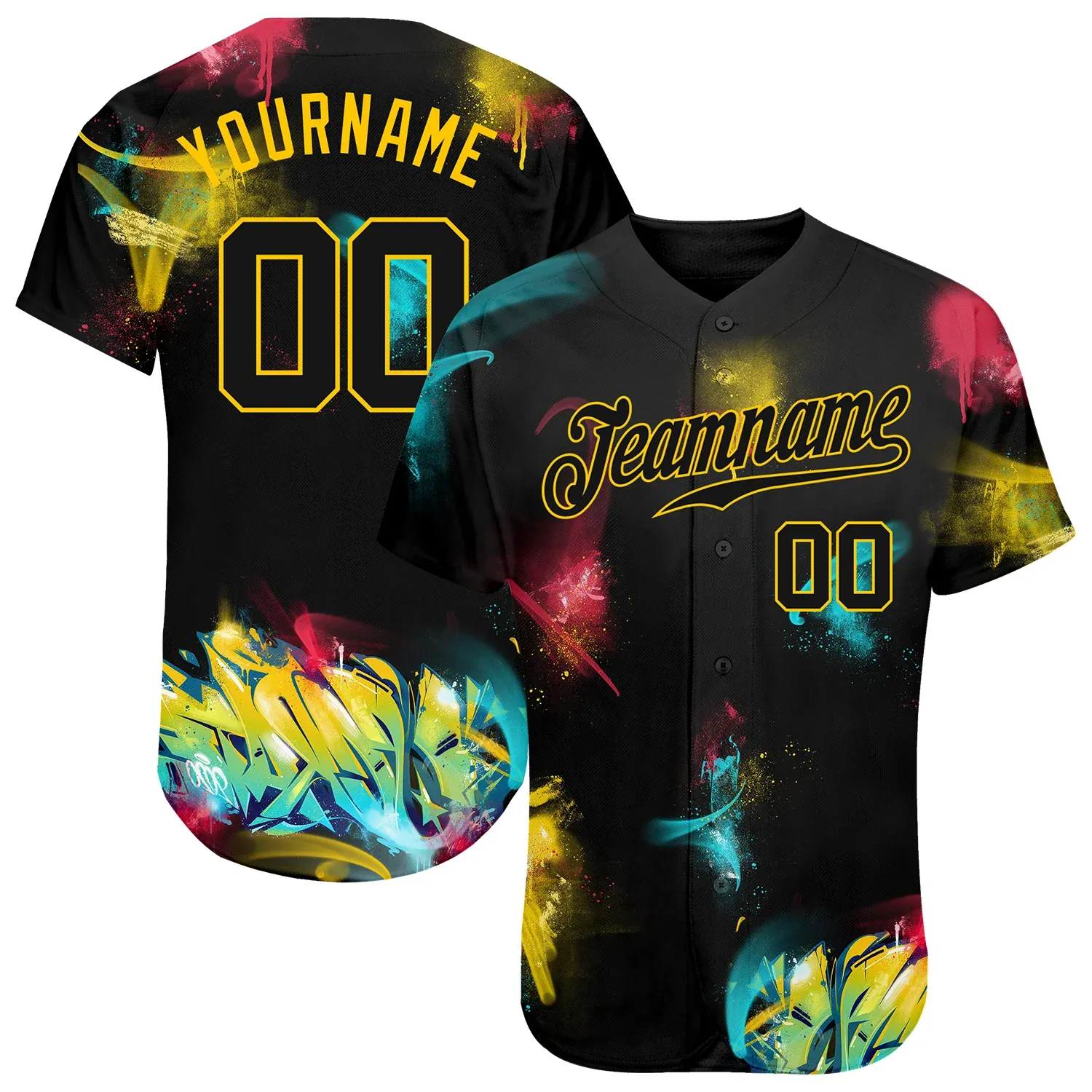 84095e500366e82acded9a541f84da2e9a1e39bca95bd34b953bf10ca80c4637.webp Custom Graffiti Pattern Black-Gold 3D Authentic Baseball Jersey - Image 1