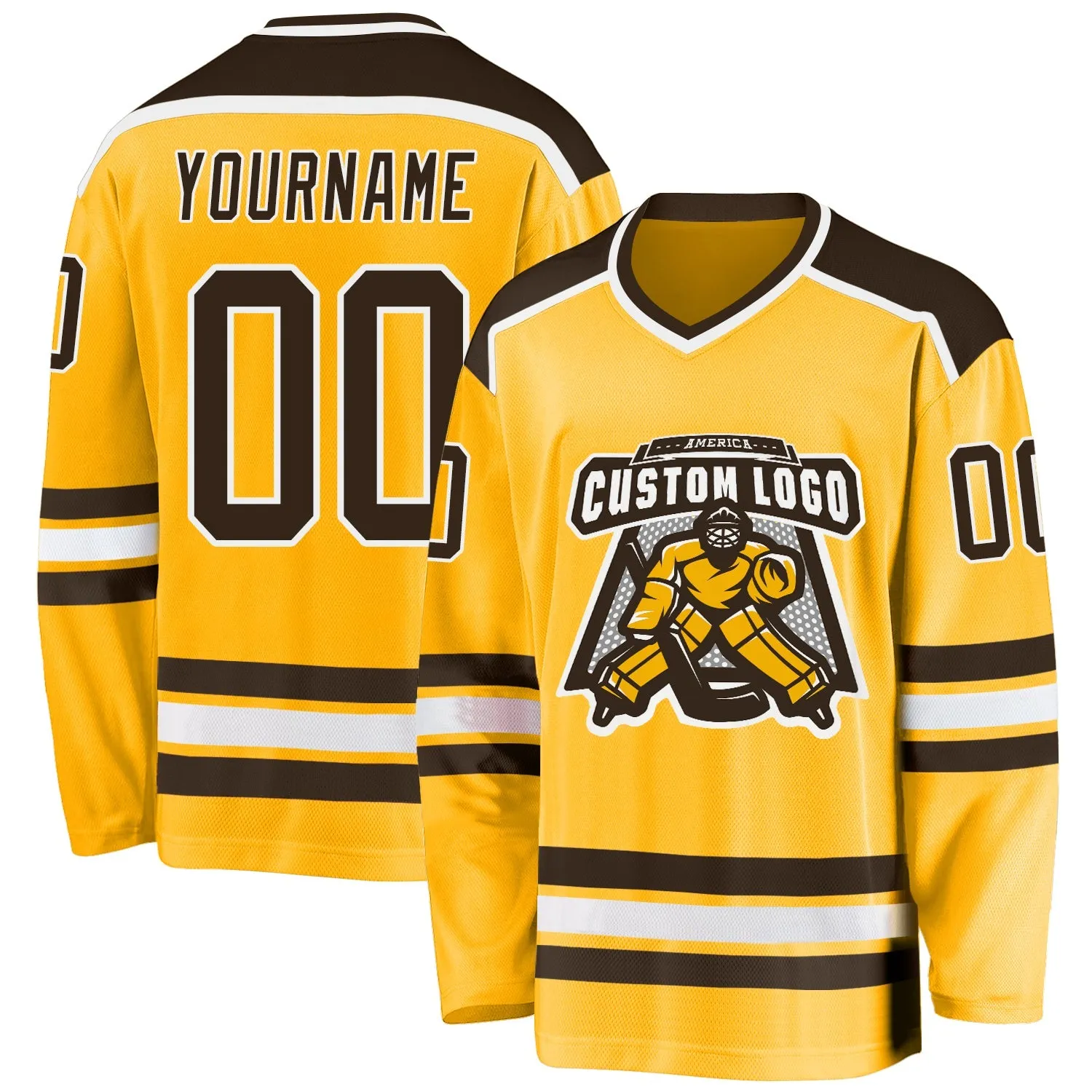 843be31375d3cb69d01fa5e3d4f2e012e68d9db01a4f4b70097ae24b2a3363d7.webp Custom Gold Brown-White So Cool Hockey Jersey - Image 1