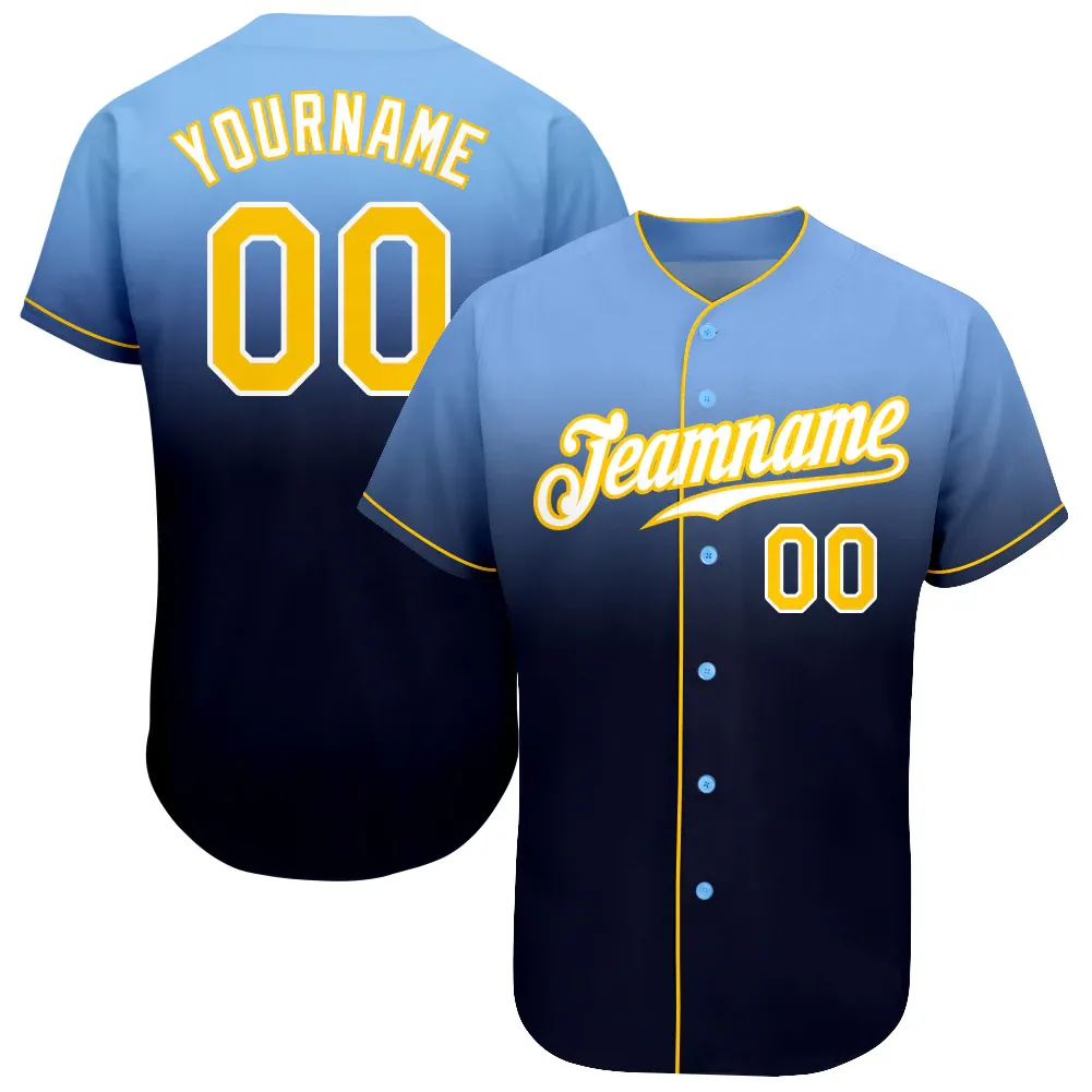 8d31dd91480a61a70226228a381c64e89fd6a4cf74827de7e29e3d872dffb8c4.webp Custom Light Blue Gold-Navy Authentic Fade Fashion Baseball Jersey - Image 1
