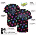 Custom Graffiti Pattern Black-Light Blue 3D Dots And Kiss Lips Authentic Baseball Jersey - Image 2
