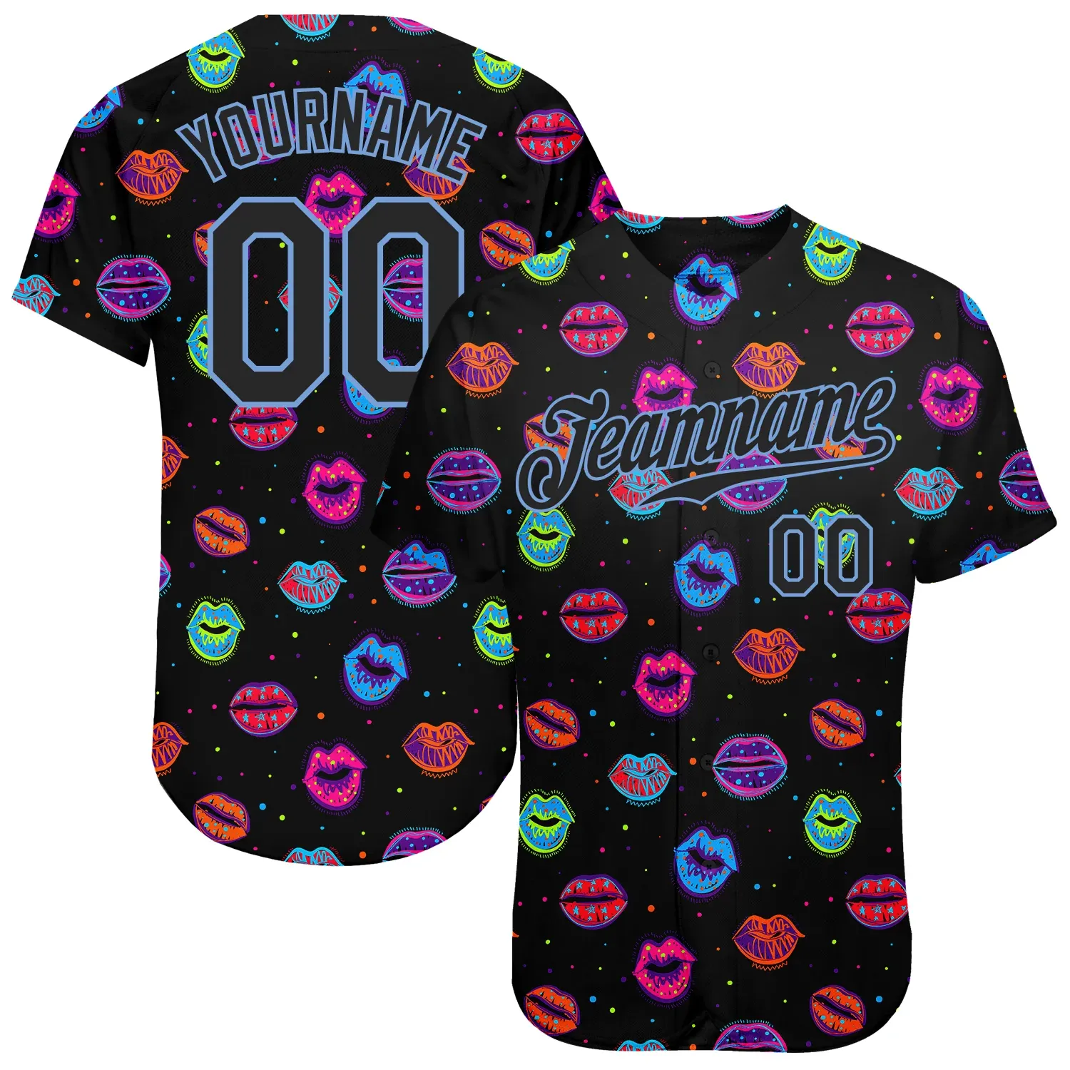b27a0ce86aef9e536cdd913160304ad6e67623683a943977f7ec2f02c41c63fe.webp Custom Graffiti Pattern Black-Light Blue 3D Dots And Kiss Lips Authentic Baseball Jersey - Image 1