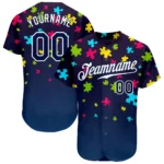 Custom Autism Awareness Puzzle Pieces Navy-White 3D Authentic Baseball Jersey