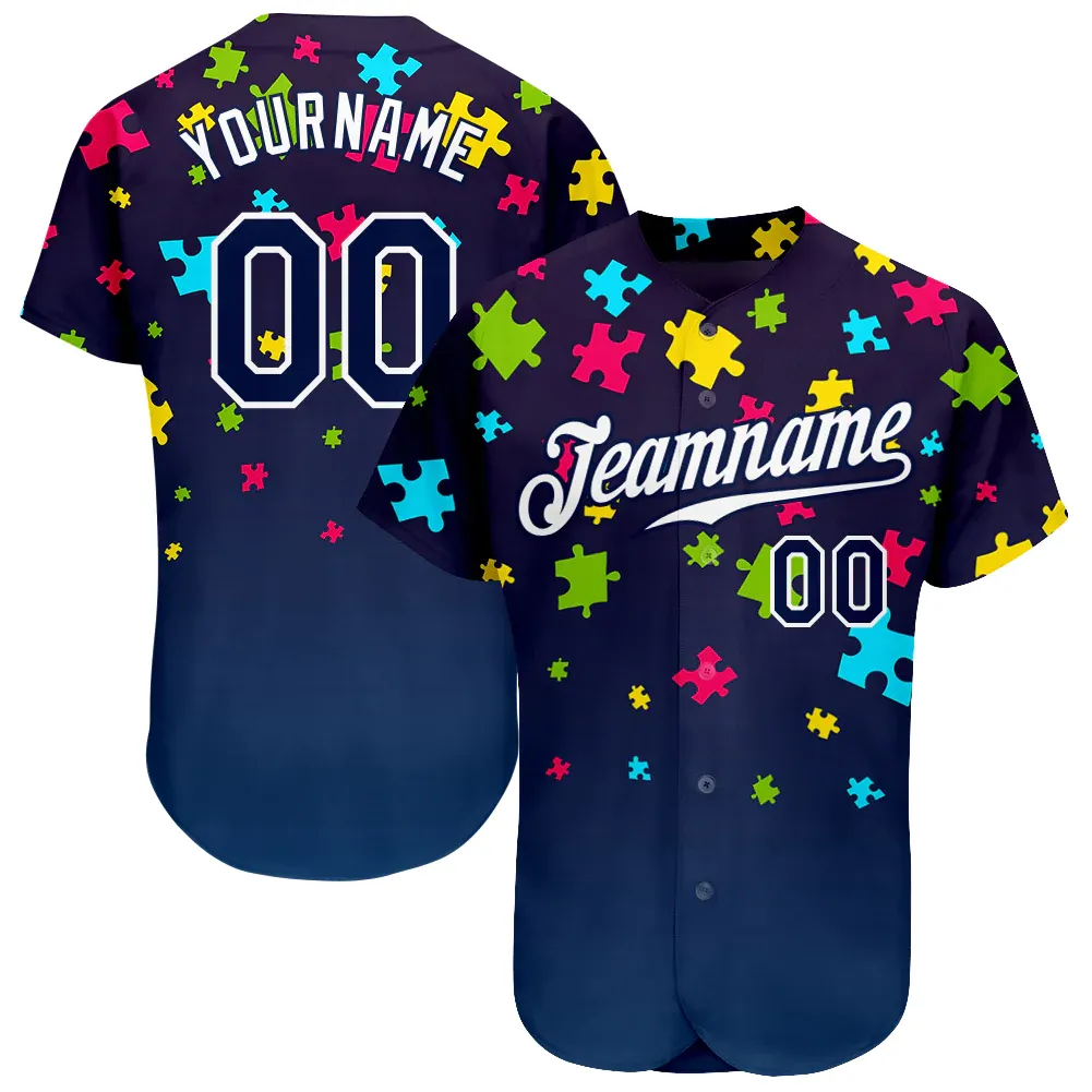 c4fbc546f83d4f833f289e7d3e00de9c4df3c25fe25732b7c567a631cf96c36a.webp Custom Autism Awareness Puzzle Pieces Navy-White 3D Authentic Baseball Jersey - Image 1