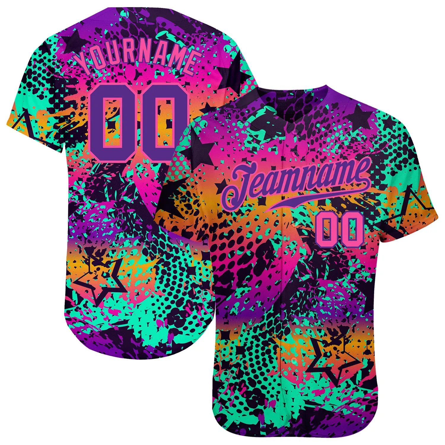 c87684ad84dc103a3bb462da4ef6721e15cef81bbf877e227bc46d94445703b4.webp Custom Graffiti Pattern Purple-Pink 3D Authentic Baseball Jersey - Image 1