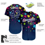Custom Autism Awareness Puzzle Pieces Navy-White 3D Authentic Baseball Jersey - Image 2