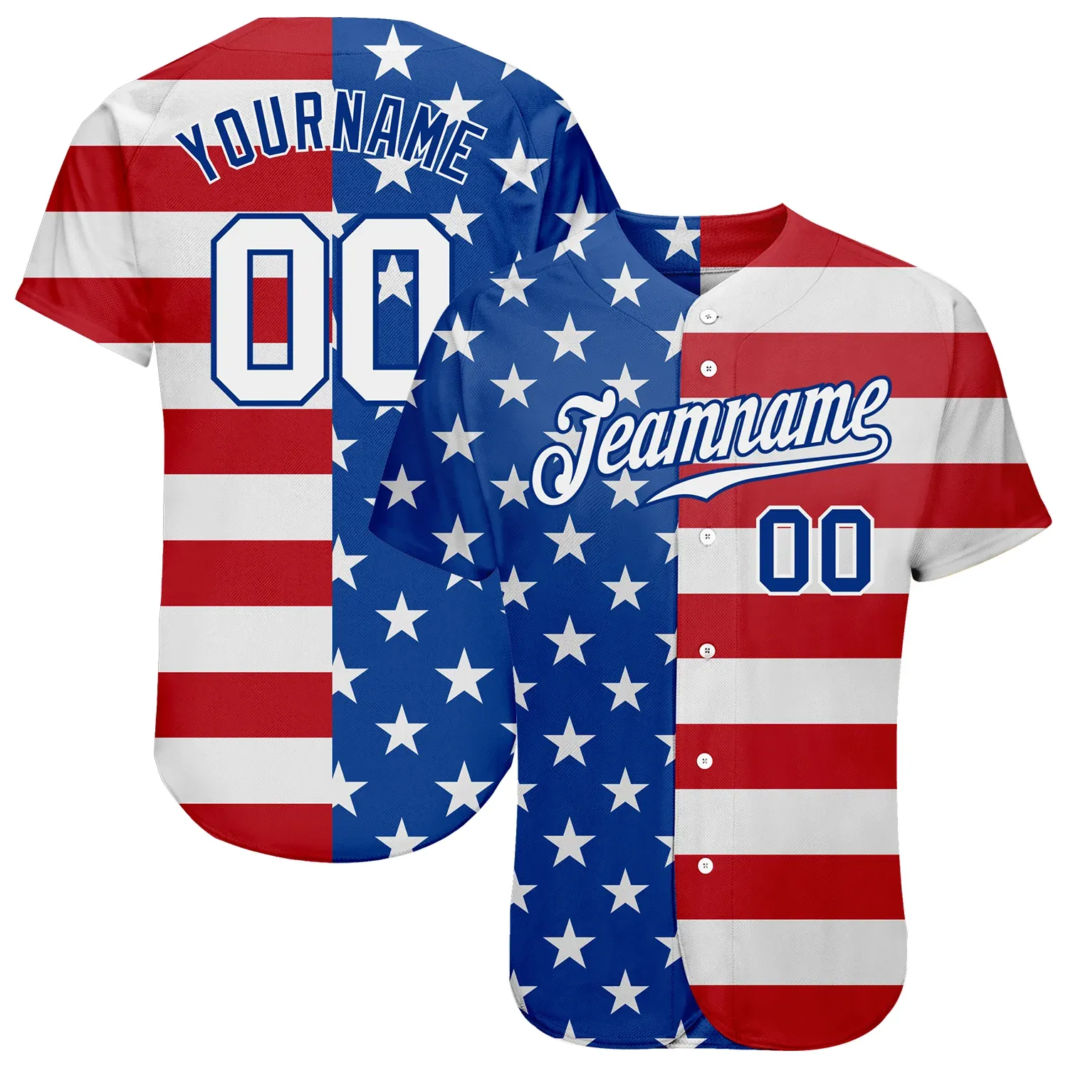 cd0301ca66f9ca486dfbecc9da44698740396fd3c664a8350314f724caddca37.webp Custom Royal White-Red American Flag Fashion Authentic Baseball Jersey - Image 1
