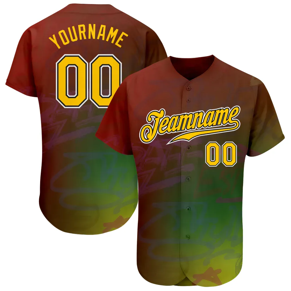 ceb782da6fad7114fa772c46af40f7e5d92476bff0a4b42f71d2ce63ab7c6a9a.webp Custom Graffiti Pattern Gold-Black 3D Authentic Baseball Jersey - Image 1