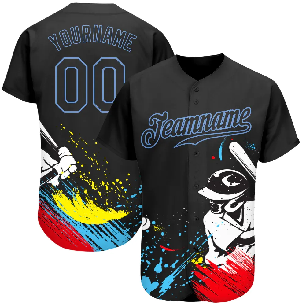 d263fea24179455f3a90dded759d51697032d670fa19b22866fe54a8e4b61863.webp Custom Graffiti Pattern Black-Light Blue 3D Authentic Baseball Jersey - Image 1