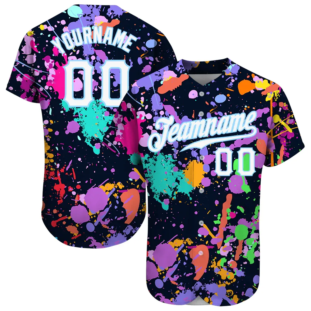 d2a27cea0e7ac42a22115d98087db64ba38523e5c9f8f324a6bca688037a9654.webp Custom Splashes Graffiti Pattern White-Light Blue 3D Authentic Baseball Jersey - Image 1