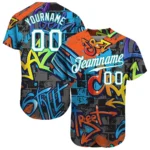 Custom Graffiti Geometric Pattern White-Teal 3D Authentic Baseball Jersey