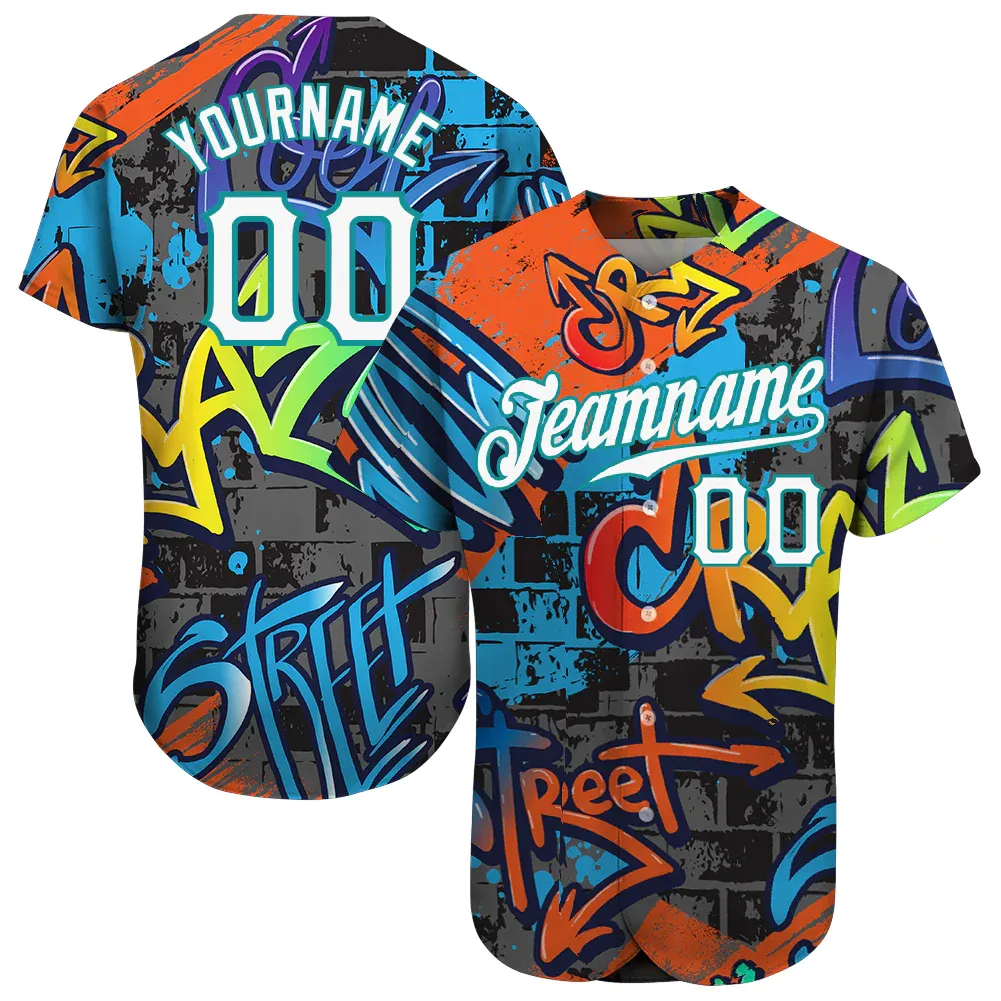 de2068822f3c17eb862c627342370f76f5750d22490087a63a08acc1394c9db2.webp Custom Graffiti Geometric Pattern White-Teal 3D Authentic Baseball Jersey - Image 1