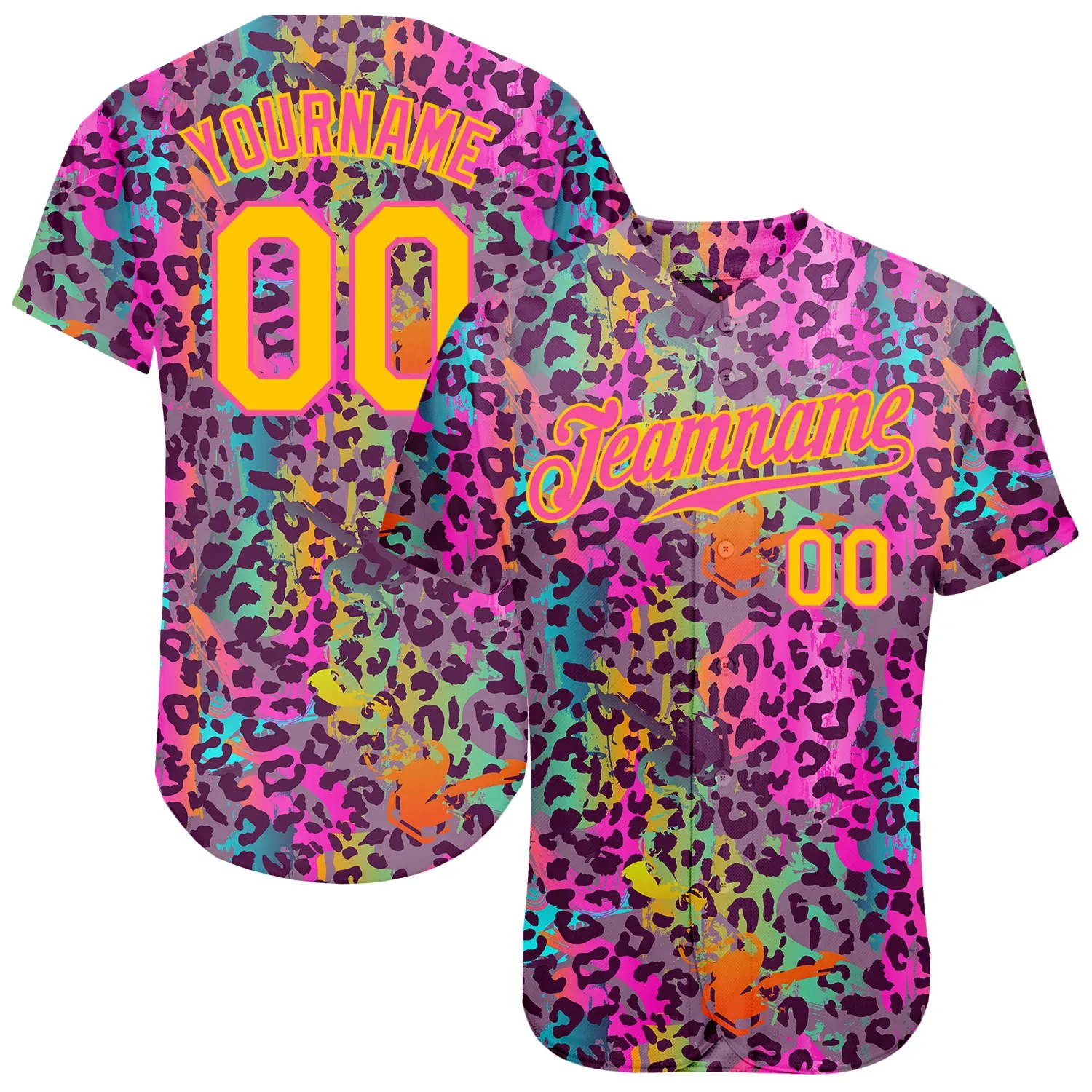 e0d43c78b873926d3ecb2fcc12519413f3130bf5fa361ada1dda91dedc902226.webp Custom Graffiti Pattern Gold-Pink 3D Colorful Leopard Authentic Baseball Jersey - Image 1