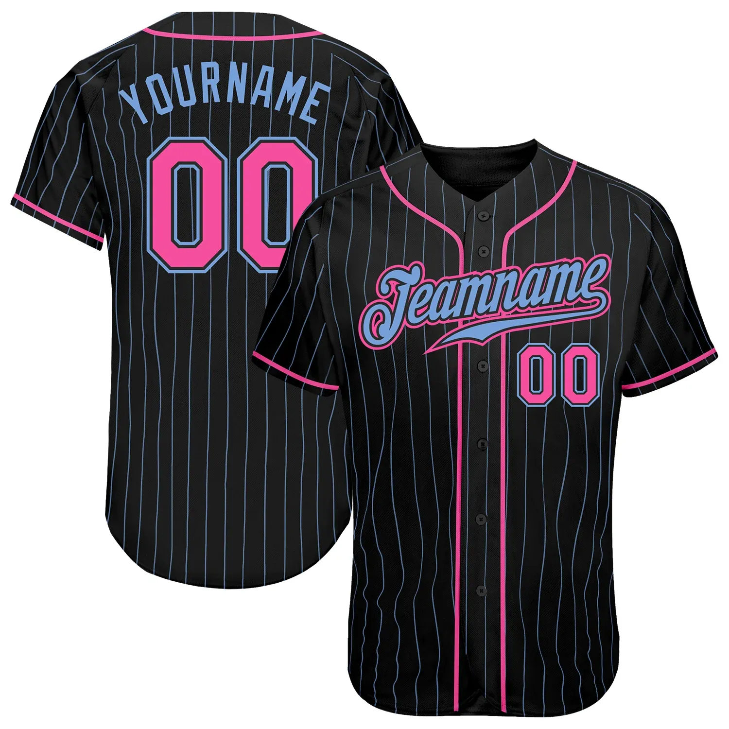 e27239ded84181261ff57bbdcd709d1f7d6388c3d9efa928f924a3caf365fa22.webp Custom Black Light Blue Pinstripe Pink-Light Blue Authentic Baseball Jersey - Image 1