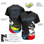 Custom Graffiti Pattern Black-Light Blue 3D Authentic Baseball Jersey - Image 2