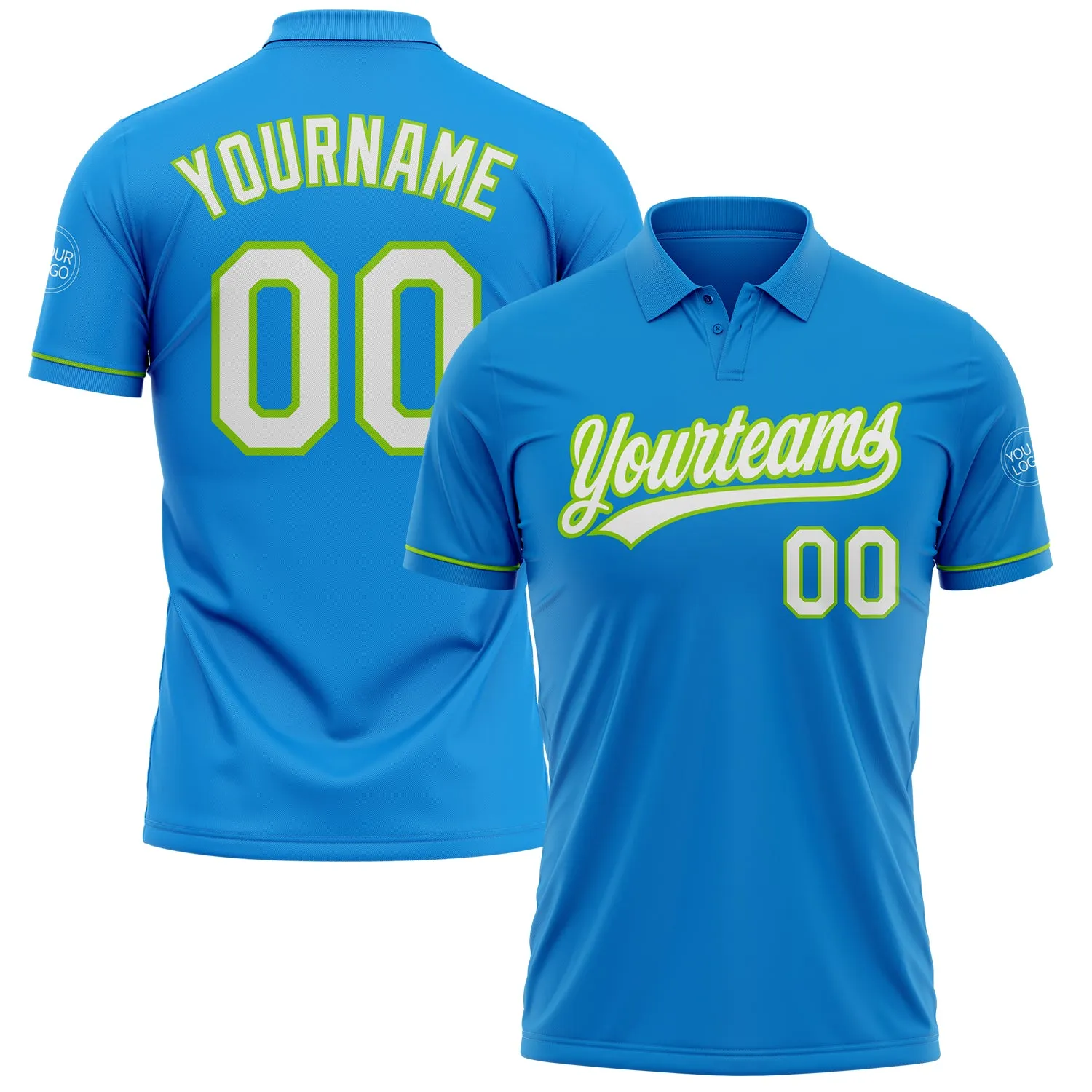 f648117f64e0e2f93c1cf47c8361de057adfd21162c217f8cbf3243a41d6fbe8.webp Custom Blue White-Neon Green Performance Vapor Golf Polo Shirt - Image 1